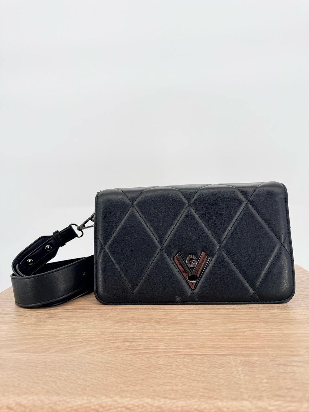Valentino Orlandi Black Quilted Crossbody Turn Lock Det Strap Vegan Leather